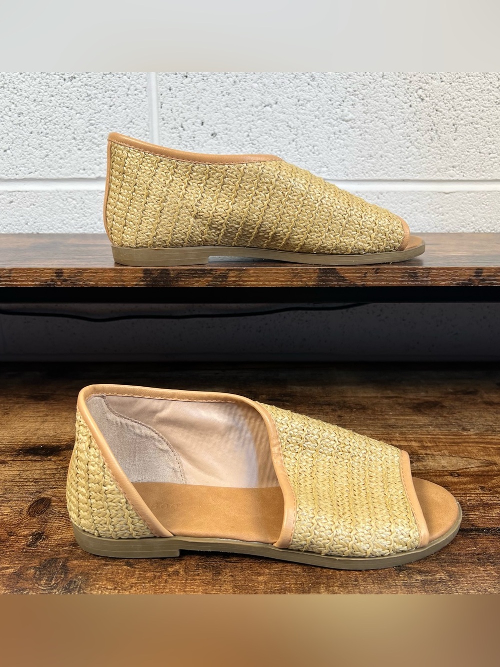 Bamboo Sandals Tan Basketweave Slip On Flat Boho Peep Toe women's 8